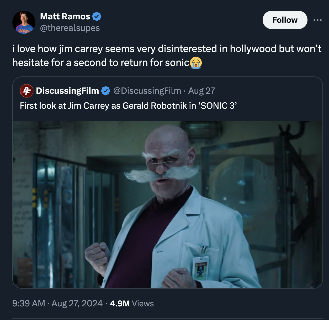 Gerald Robotnik - Matt Ramos i love how jim carrey seems very disinterested in hollywood but won't hesitate for a second to return for sonic 4 DiscussingFilm Aug 27 First look at Jim Carrey as Gerald Robotnik in 'Sonic 3' 4.9M Views